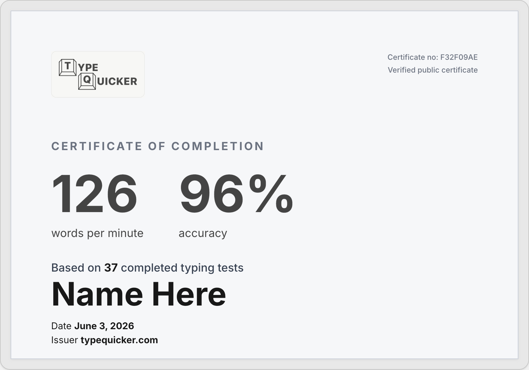 Sample TypeQuicker typing certificate